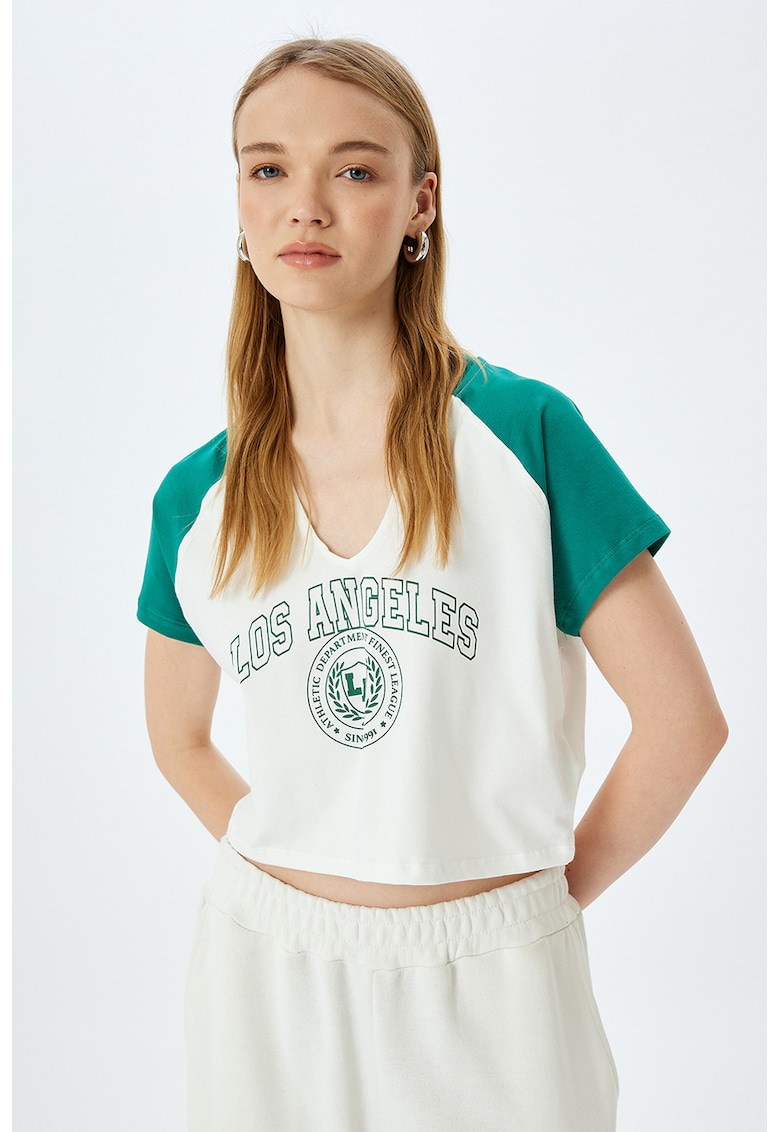 Tricou crop cu model text - Alb murdar