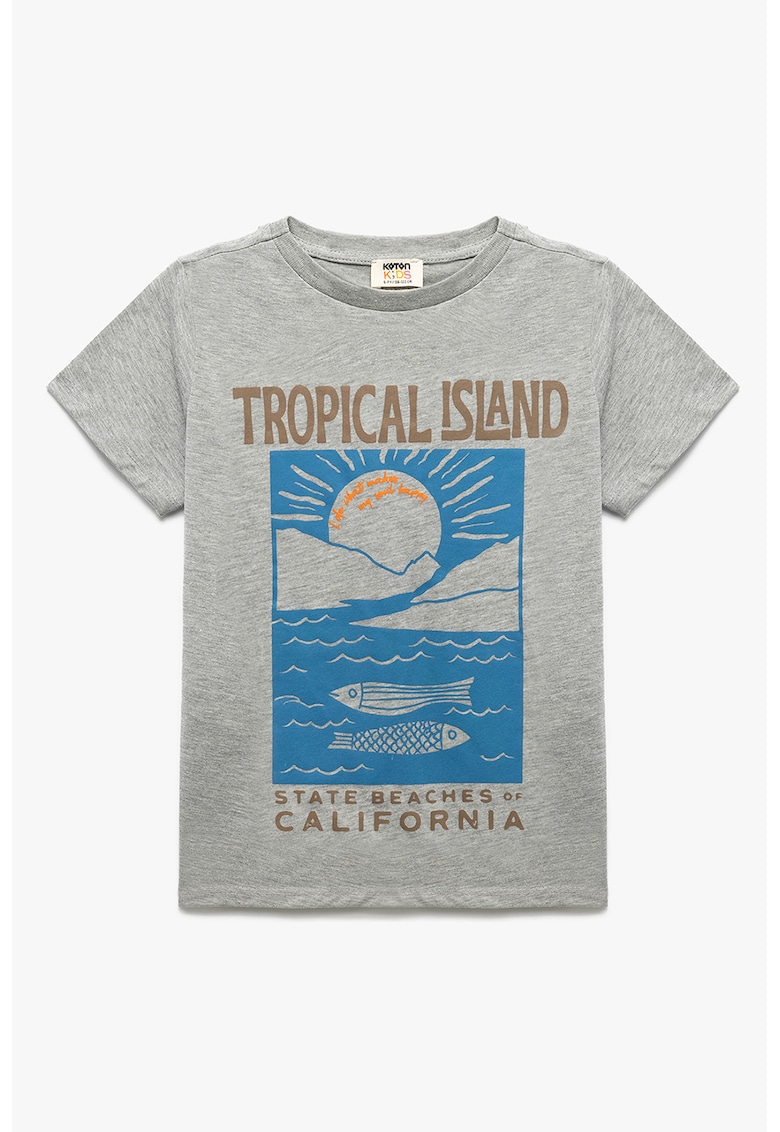 Tricou din amestec de bumbac cu decolteu la baza gatului si imprimeu - Gri melange