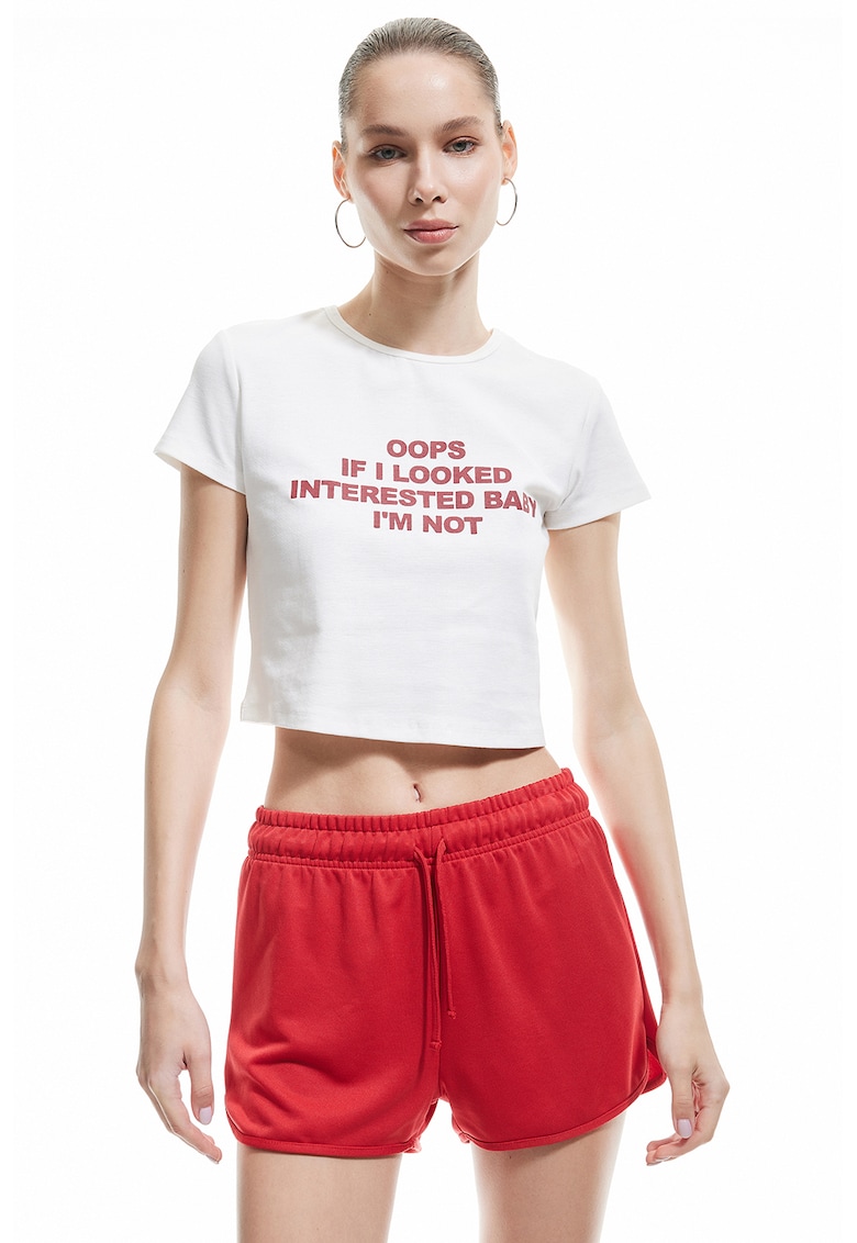 Tricou crop cu imprimeu text - Rosu/Alb