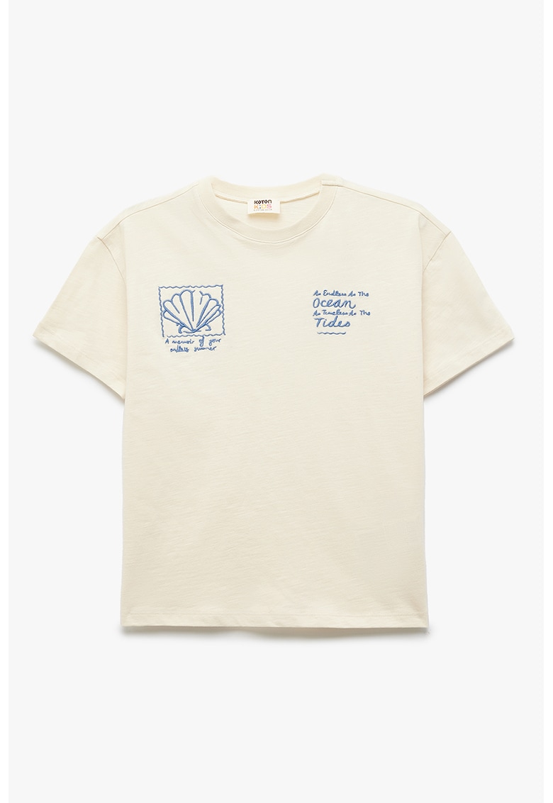 Tricou de bumbac cu decolteu la baza gatului - Crem