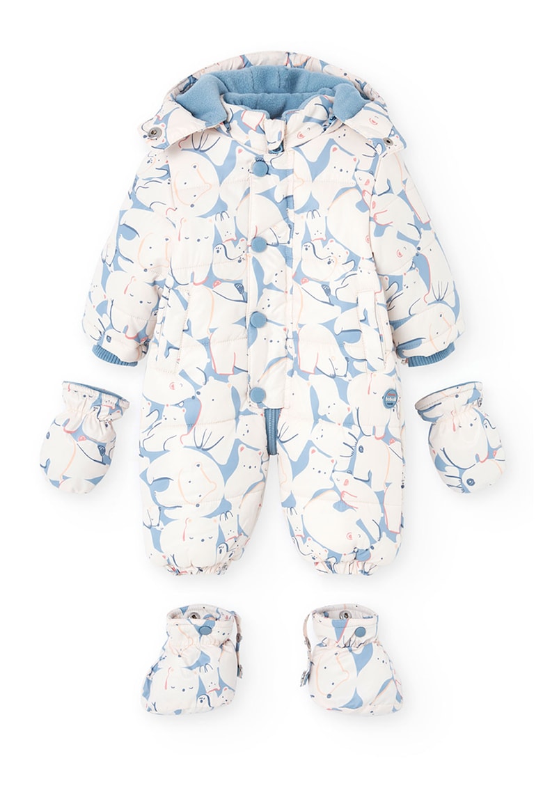 Salopeta cu manusi detasabile si botosei cu imprimeu urs