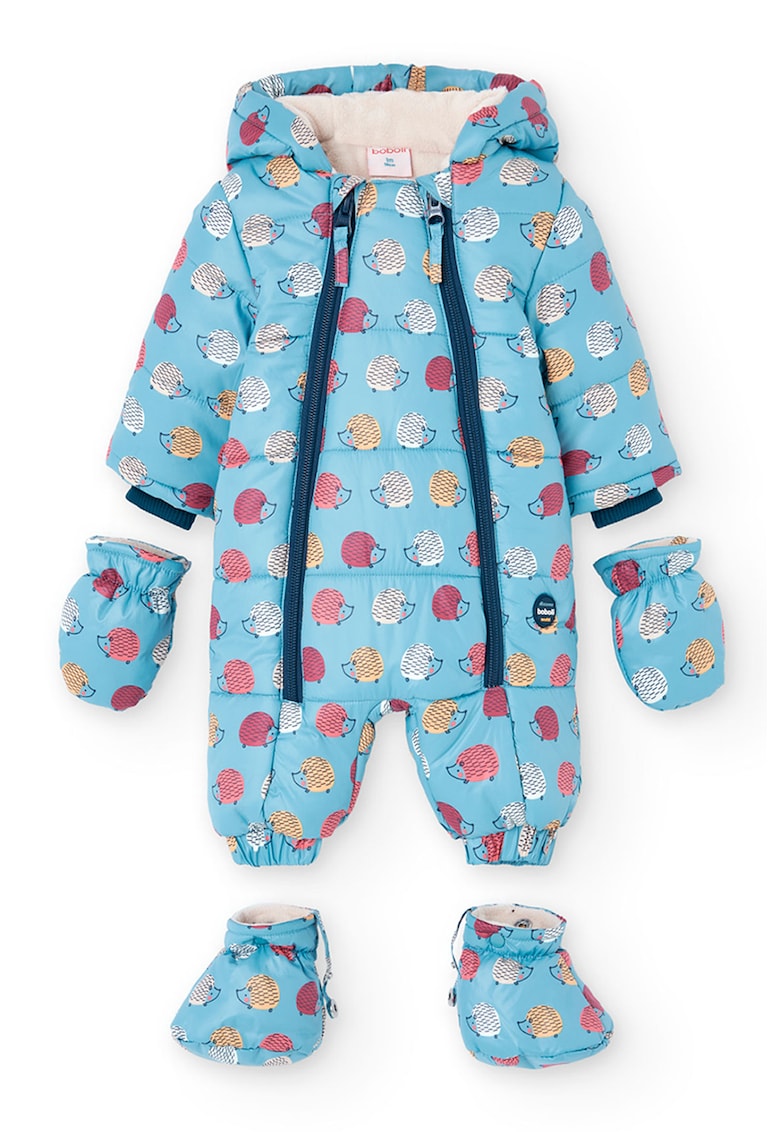 Salopeta cu manusi detasabile si botosei cu imprimeu cu animale