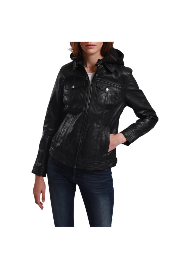 Jacheta dama piele naturala - cu gluga - neagra - marimea XL