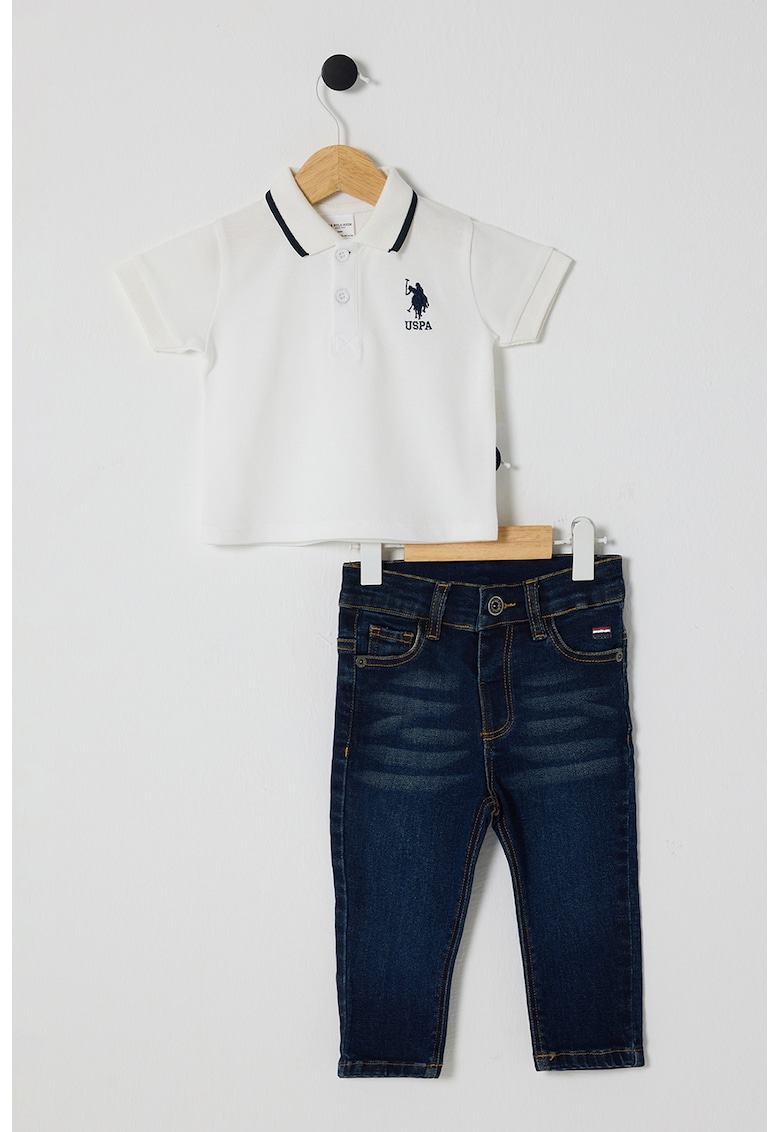 Set de tricou polo si blugi - 2 Piese - Albastru inchis/Alb murdar