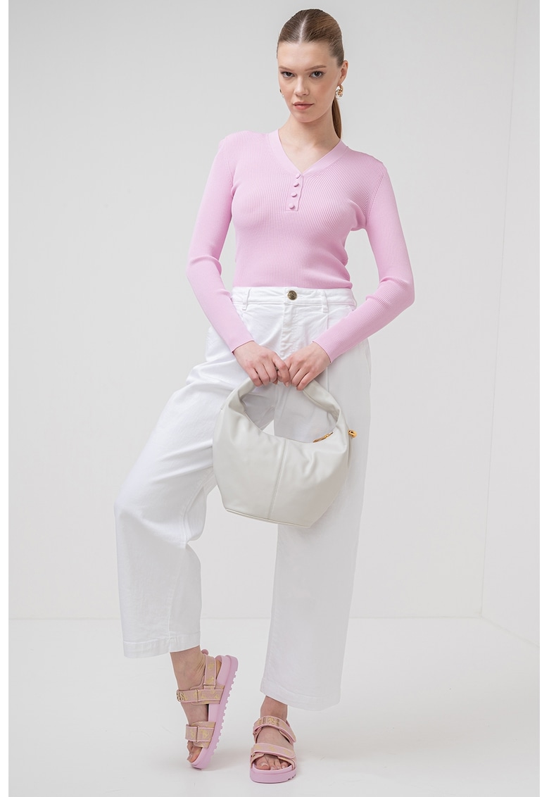 Pulover slim fit cu decolteu in V si aspect striat Imola