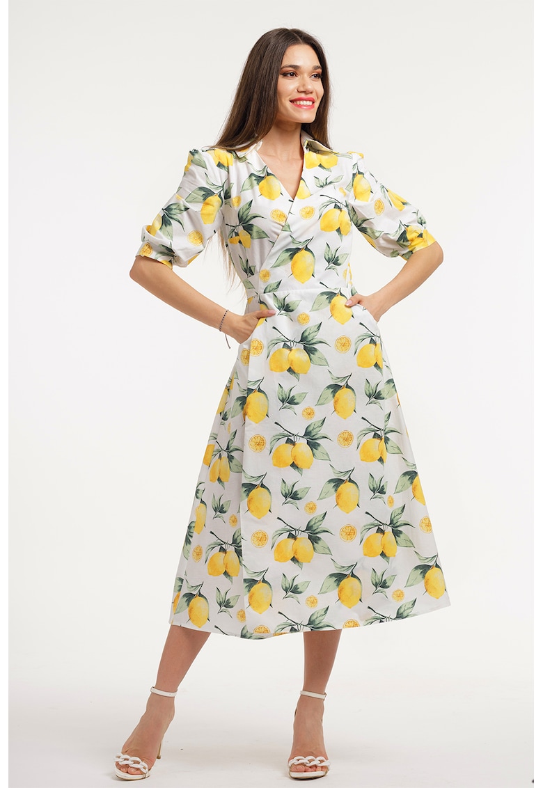 Rochie midi cu decolteu in V - Verde/Galben/Alb murdar