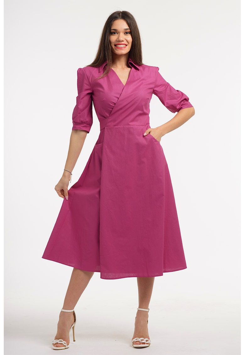 Rochie midi cu decolteu in V - Fucsia