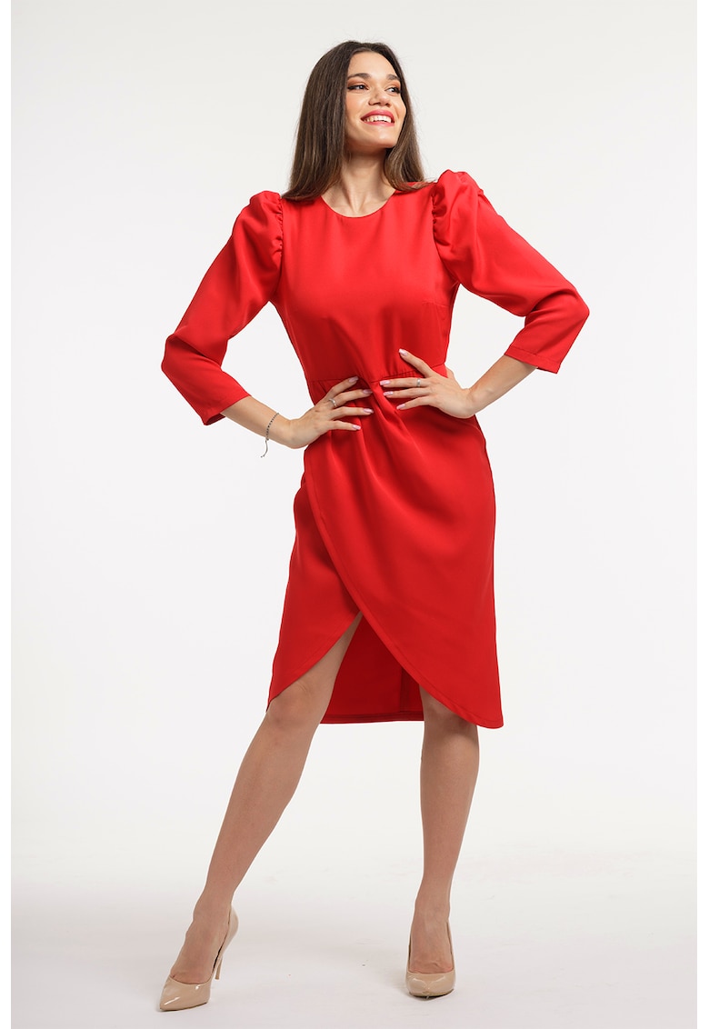 Rochie midi cu maneci bufante - Rosu vermillion