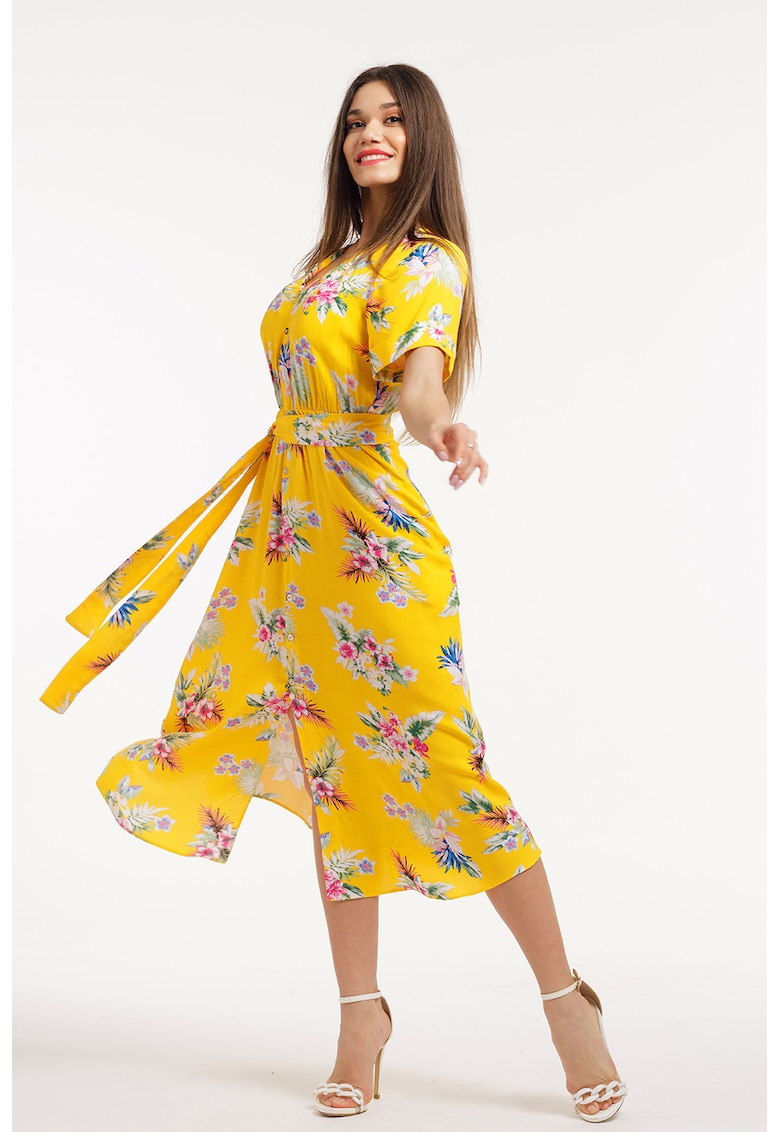 Rochie-camasa cu cordon in talie - Verde/Maro deschis/Roz