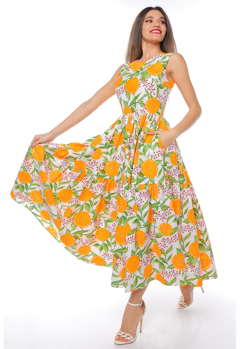 Rochie evazata fara maneci cu buzunare laterale - Alb/Verde/Portocaliu