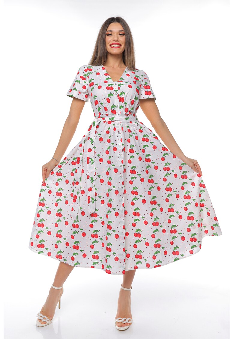 Rochie-camasa cu cordon in talie - Rosu/Alb/Verde