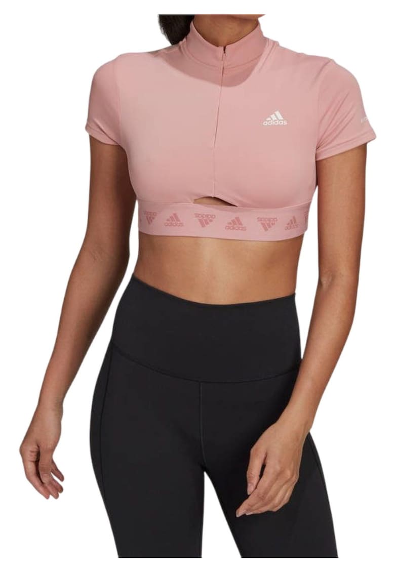 Tricou dama - Crop Zip - roz - poliester reciclat/spandex -