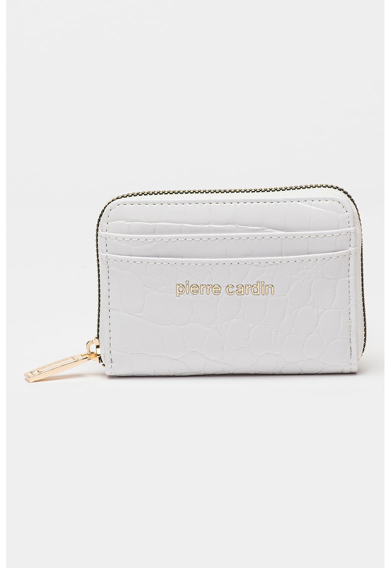 Portofel cu aspect de piele de crocodil -fermoar si logo - Alb