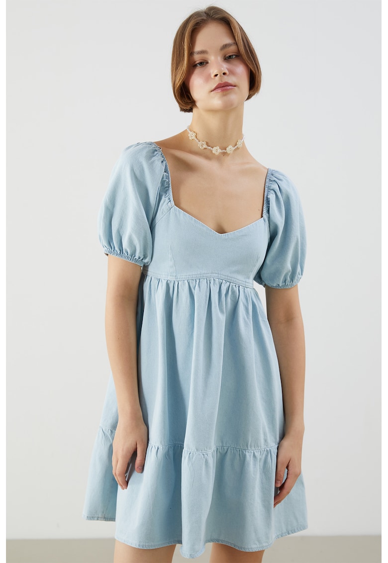 Rochie scurta din denim cu segment transparent pe partea din spate