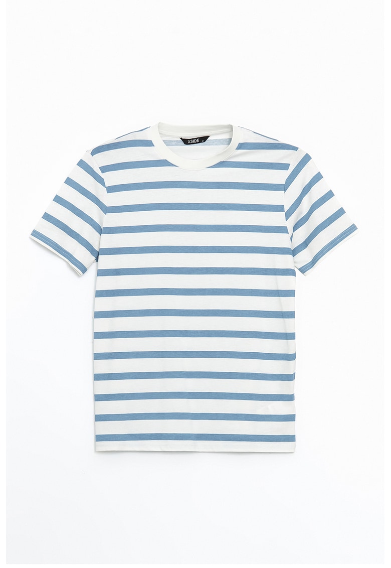 Tricou cu dungi si decolteu la baza gatului - Alb/Albastru