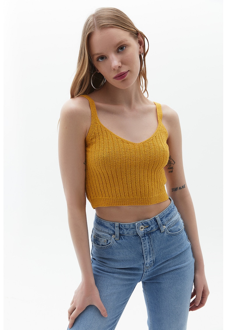 Top crop cu decolteu in V - Maro deschis