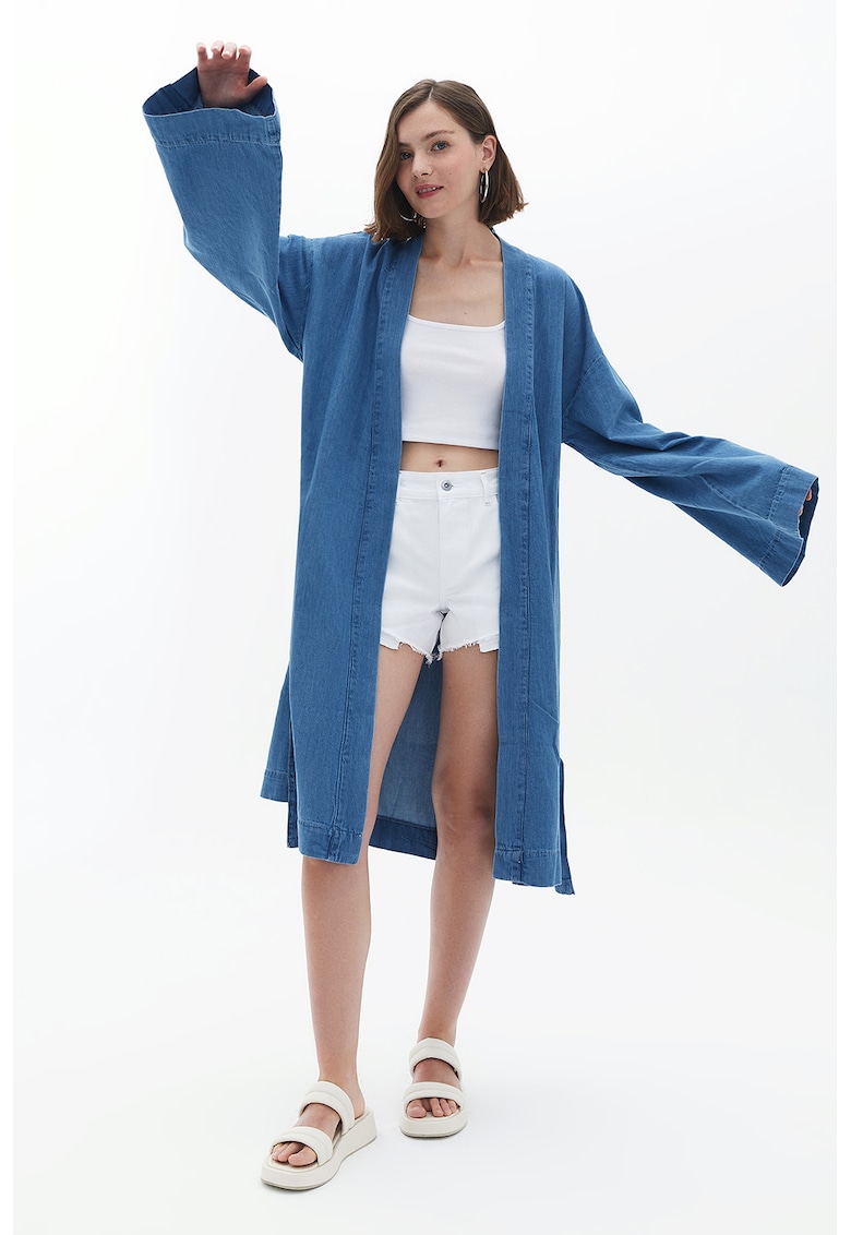 Chimono din denim cu broderie pe partea din spate