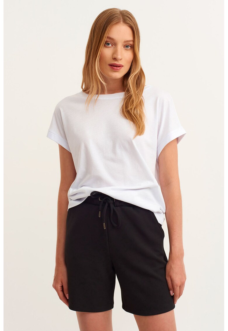 Tricou din amestec de modal cu decolteu la baza gatului - Alb