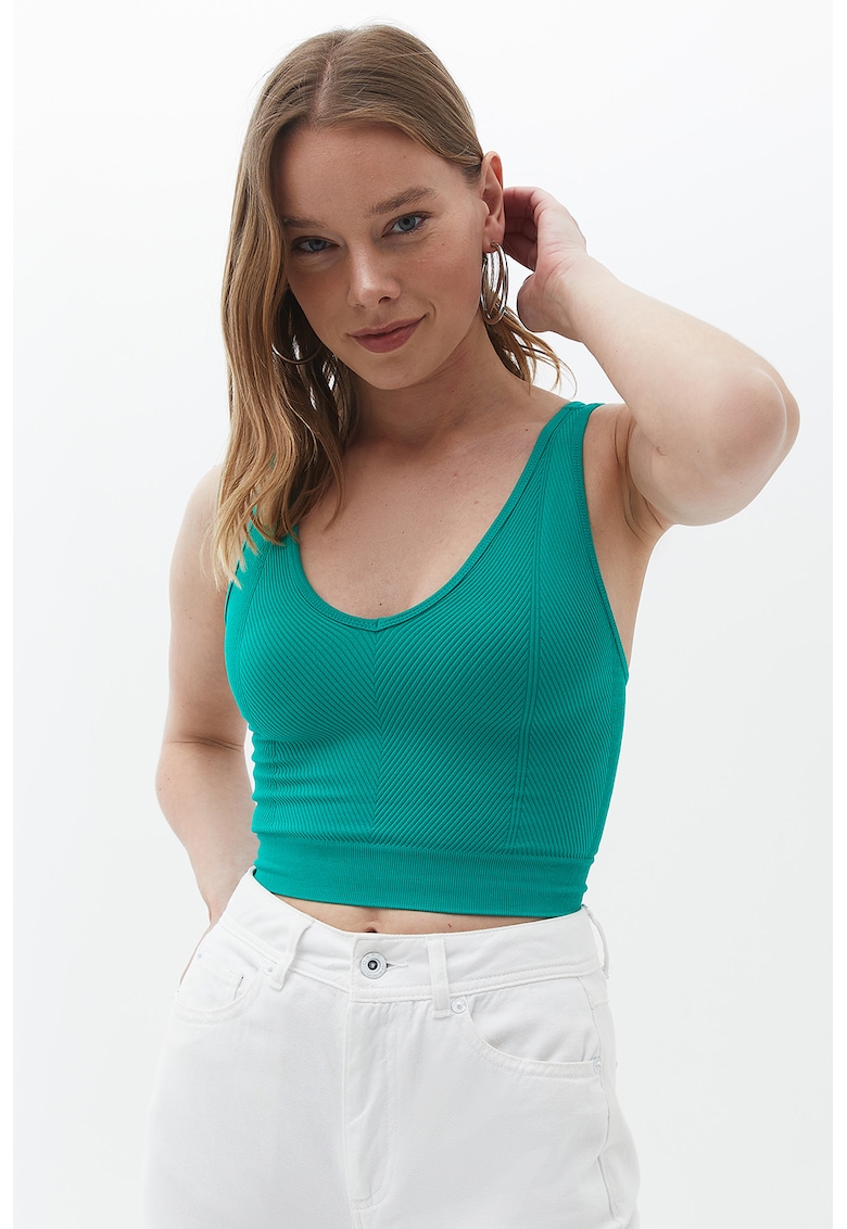 Top crop cu decolteu in V - Verde aquamarin