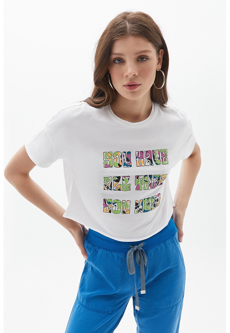 Tricou crop lejer cu imprimeu - Alb