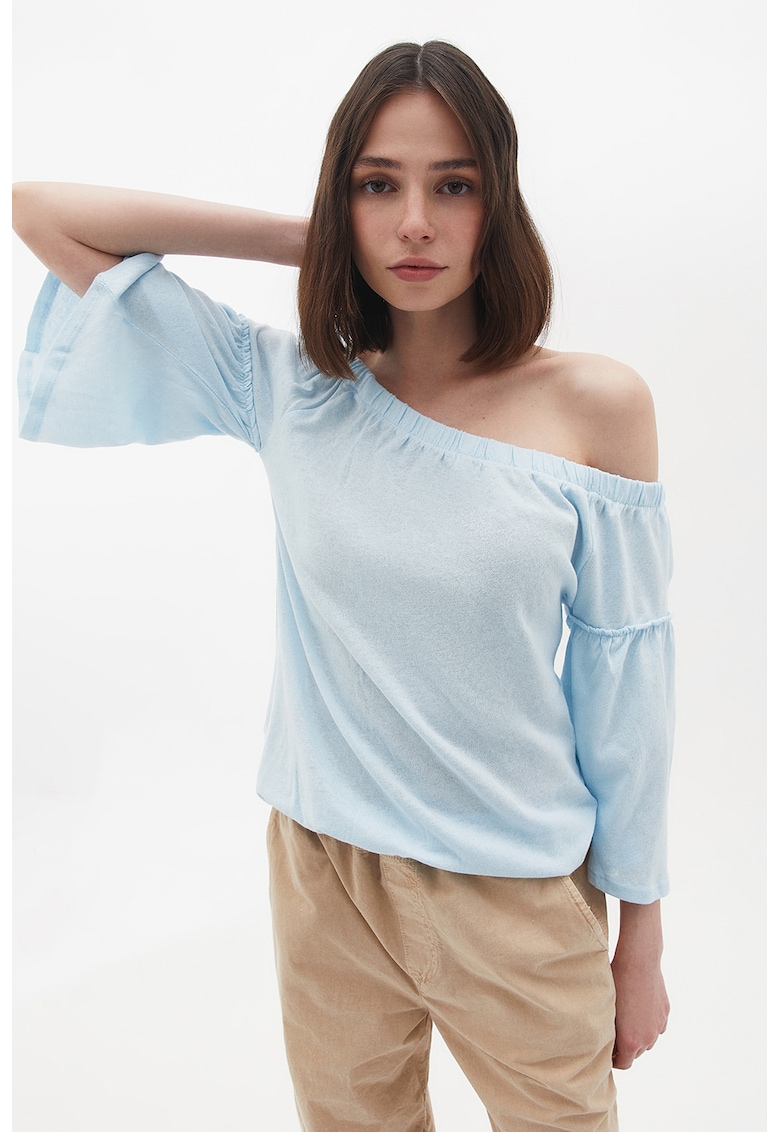 Bluza uni cu decolteu pe umeri - Albastru glaciar