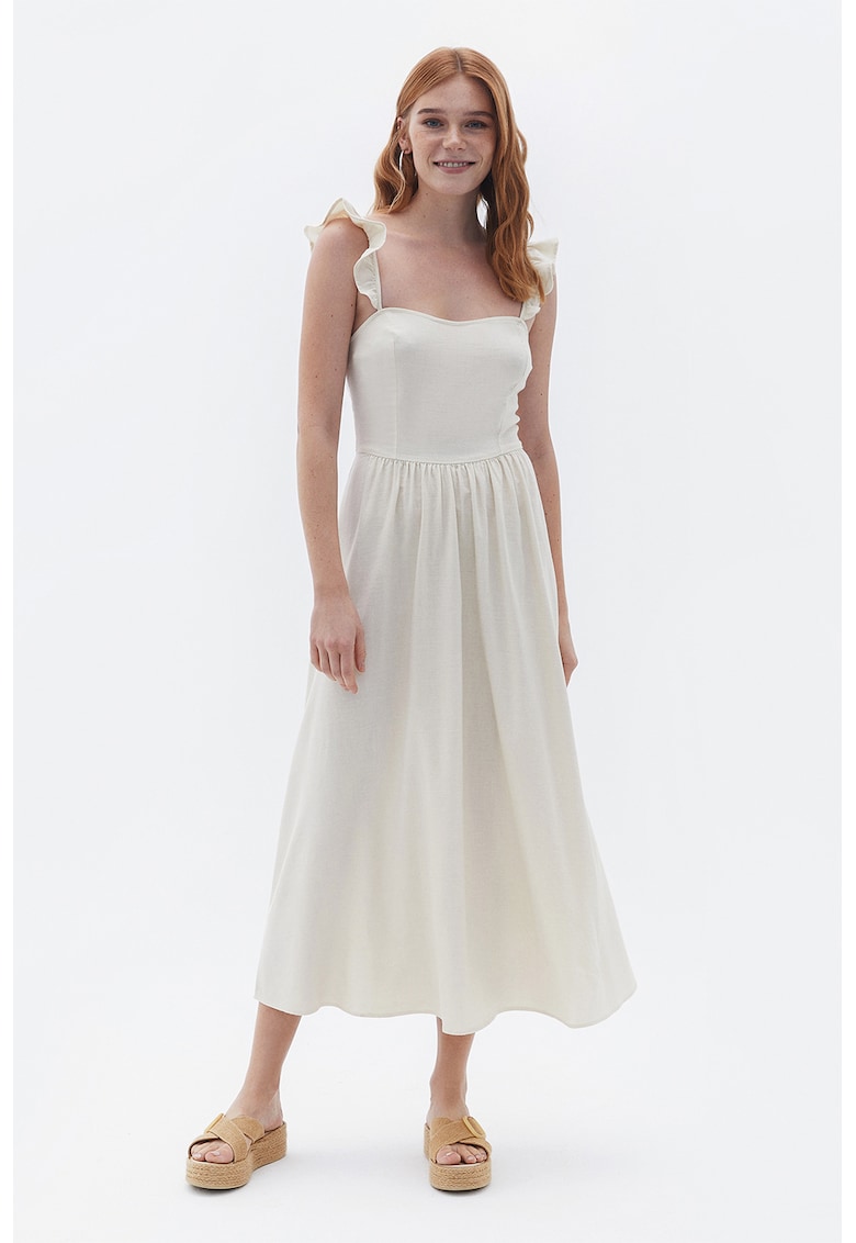 Rochie midi evazata cu bretele cu volane - Alb murdar