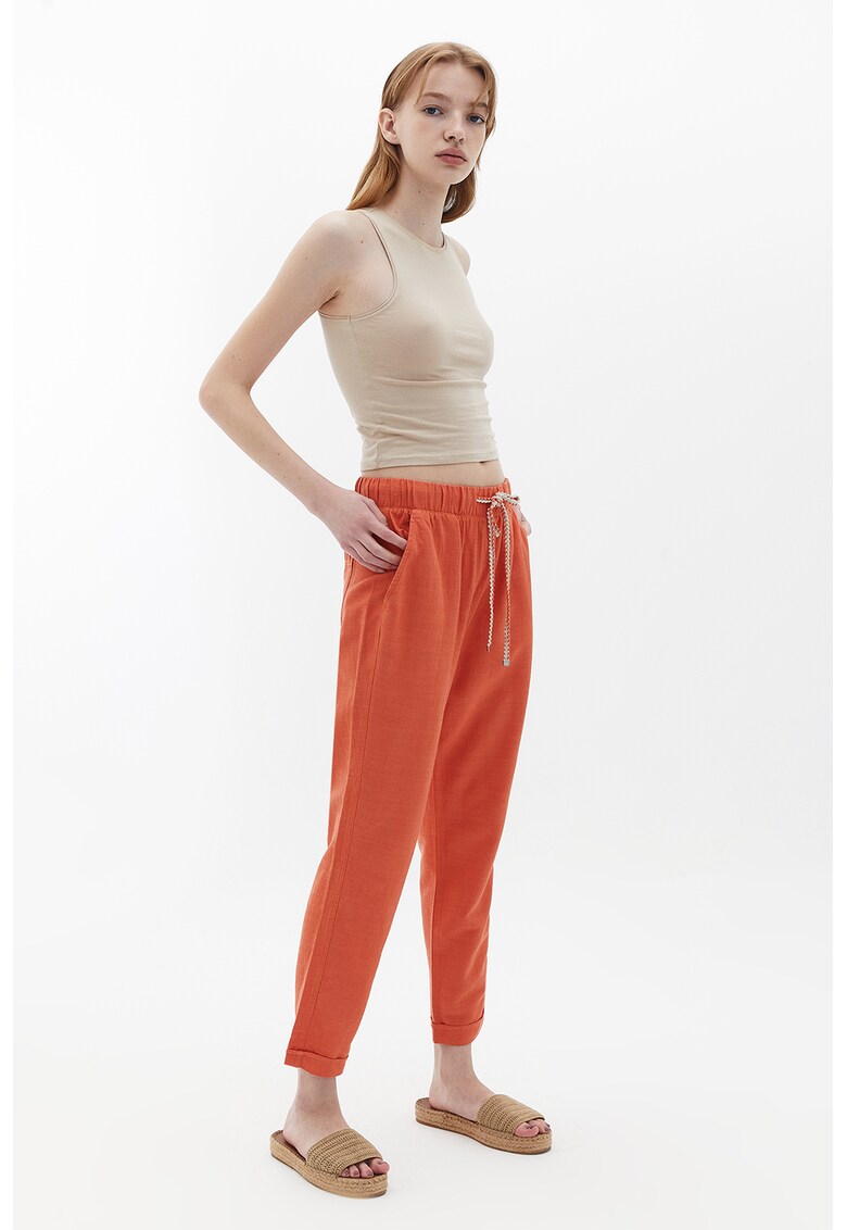 Pantaloni drepti crop cu snur de ajustare - Portocaliu