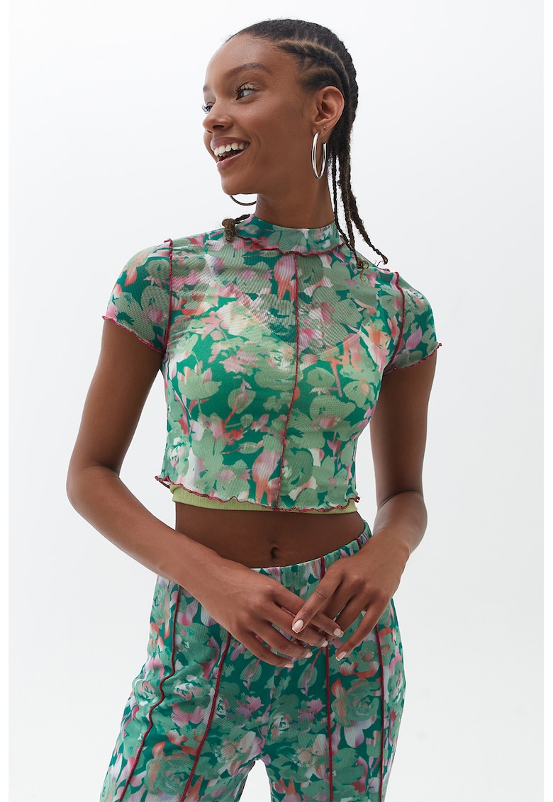 Tricou crop din plasa - Roz pastel/Verde pal/Alb murdar
