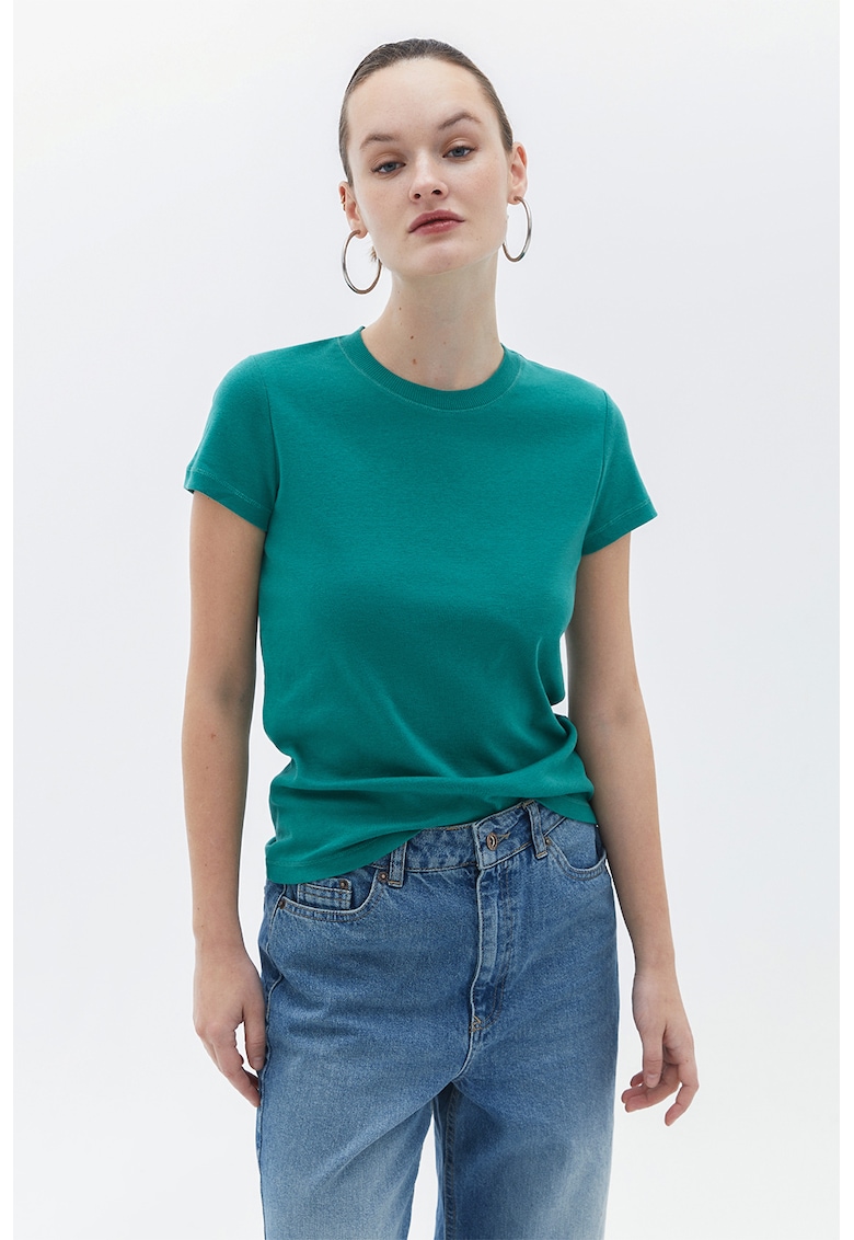 Tricou de bumbac cu decolteu la baza gatului - Verde aquamarin