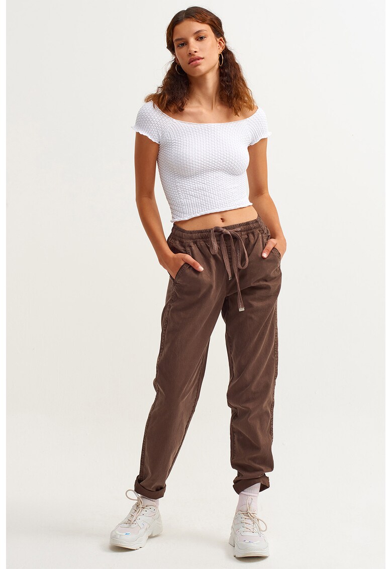 Pantaloni de lyocell si bumbac cu snur in talie - Maro inchis