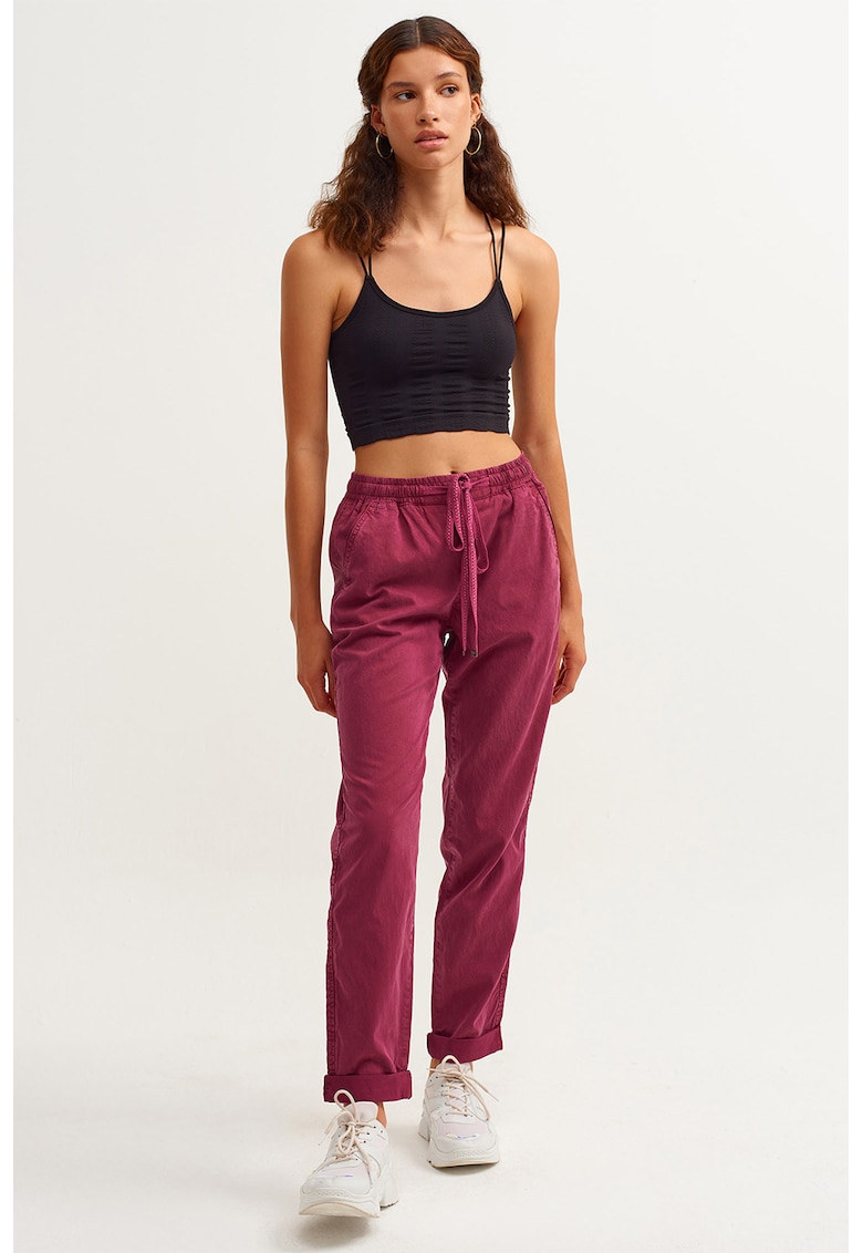 Pantaloni de lyocell si bumbac cu snur in talie - Roz zmeuriu