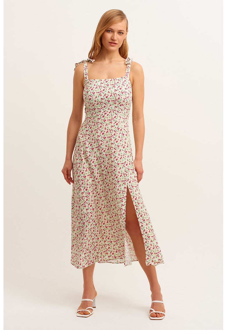 Rochie cu imprimeu si slituri laterale - Coral/Alb murdar/Verde fistic