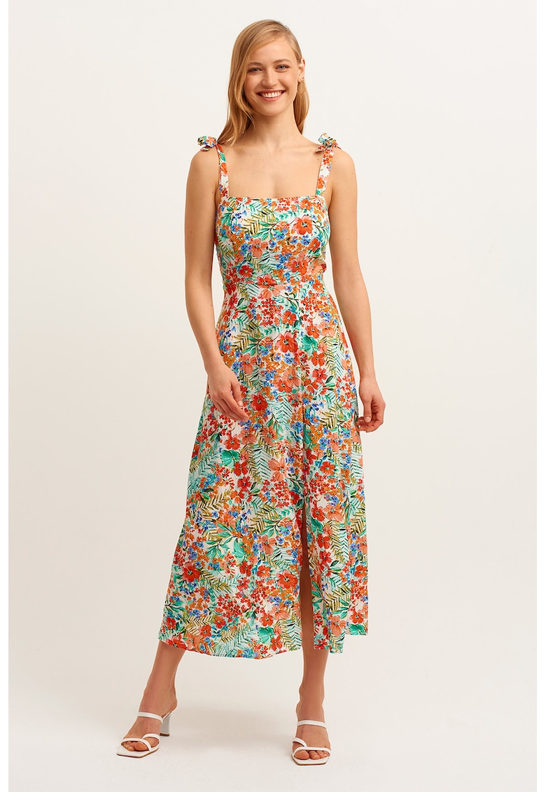 Rochie cu imprimeu si slituri laterale - Rosu/Albastru glaciar/Alb murdar