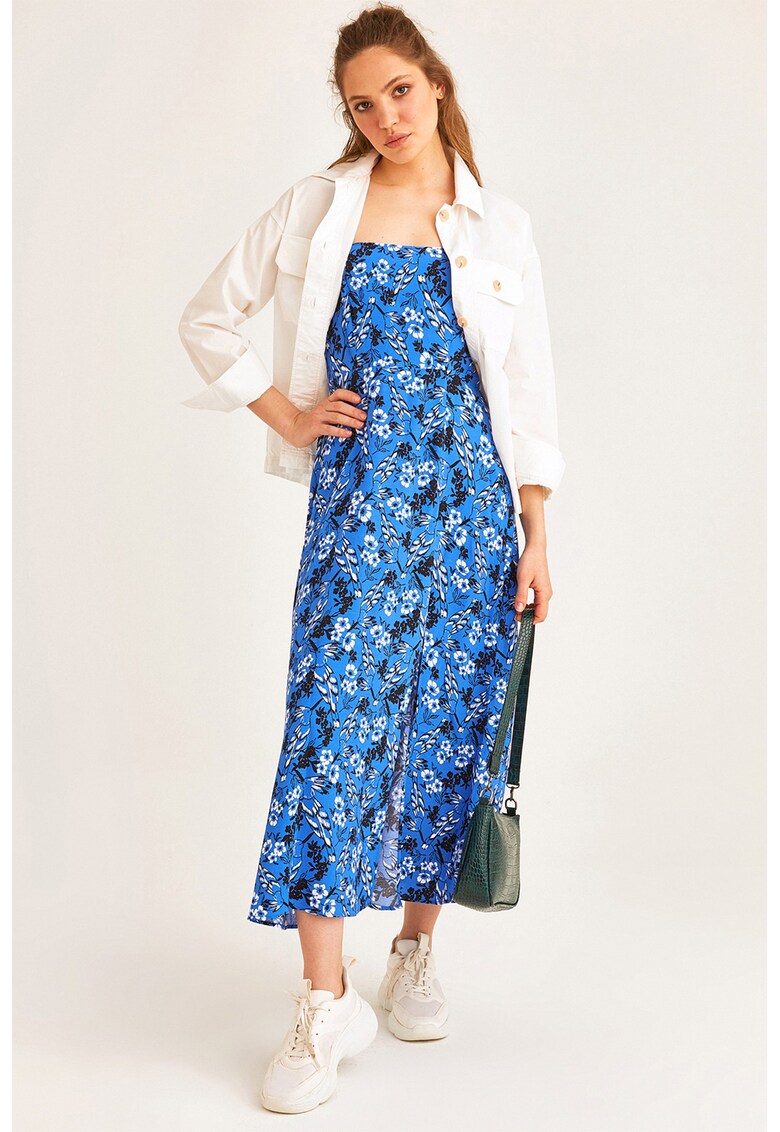 Rochie midi cu croiala in A si imprimeu - Negru/Albastru royal/Alb optic