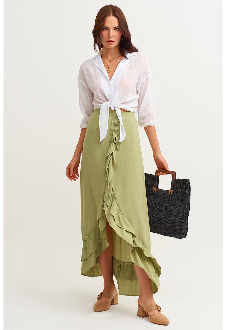 Fusta lunga cu volane si slit frontal Fusta lunga cu volane si slit frontal