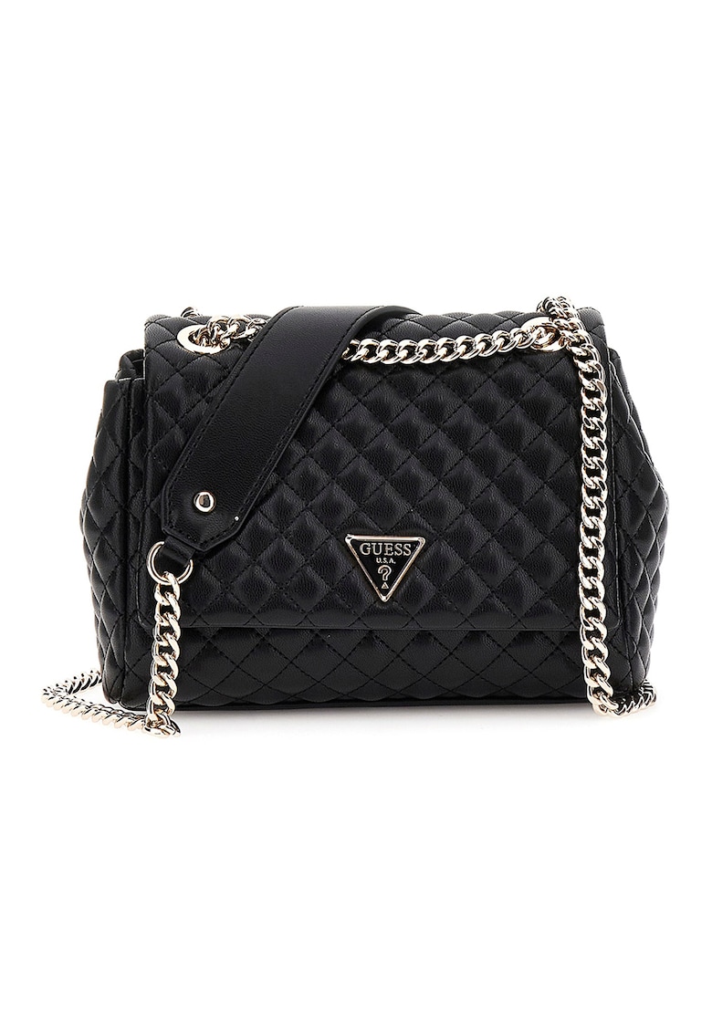 Geanta crossbody cu bareta din lant - clapa si aspect matlasat