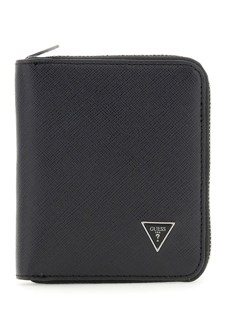 Portofel din piele cu logo metalic si fermoar - Negru