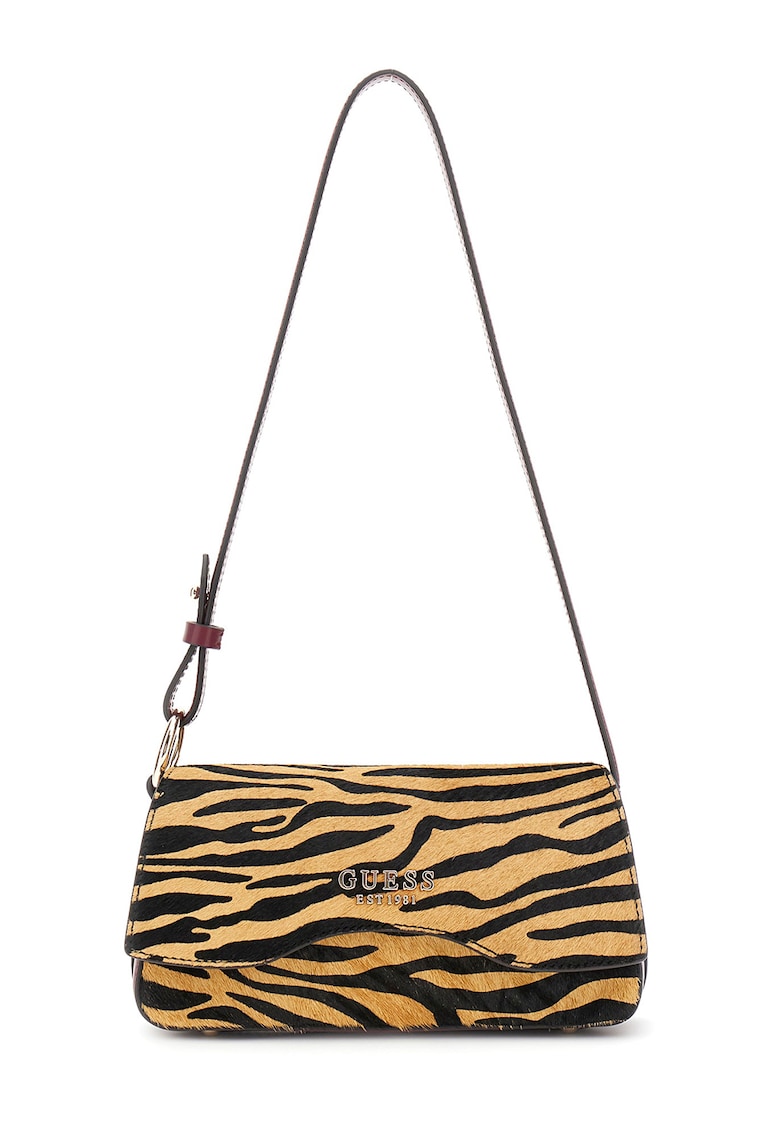 Geanta cu bareta de umar - logo metalic si segmente din piele intoarsa