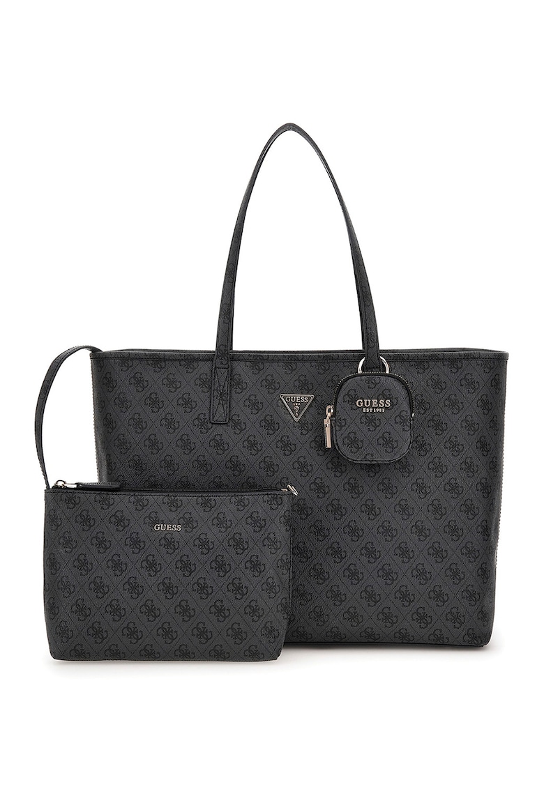 Geanta shopper cu model monograma si etuiuri detasabile - Gri inchis