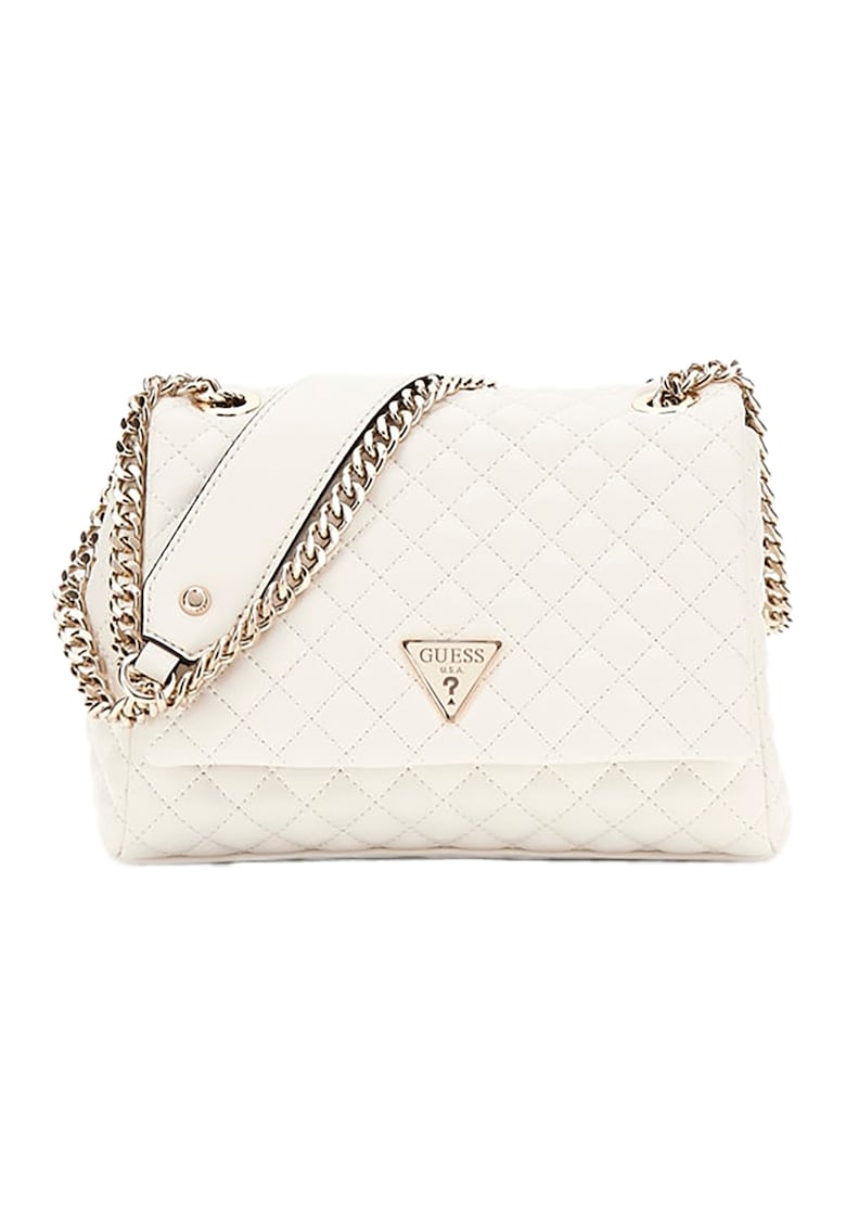 Geanta crossbody cu bareta din lant - clapa si aspect matlasat