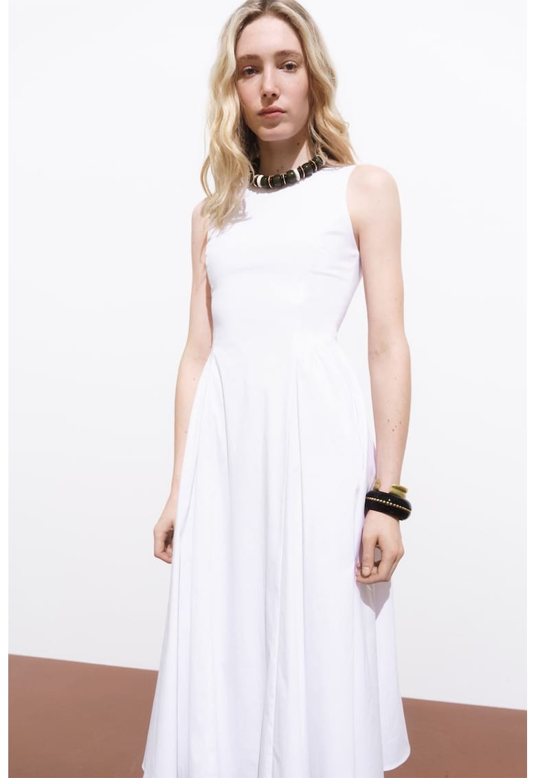 Rochie midi cu decolteu la baza gatului - Alb optic