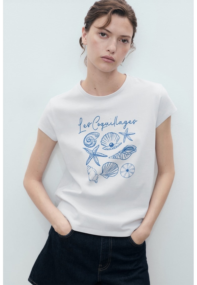 Tricou cu imprimeu si decolteu la baza gatului - Alb/Albastru