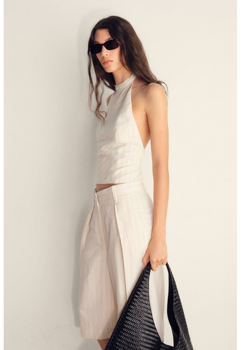 Top halter din amestec de in - Negru/Alb murdar