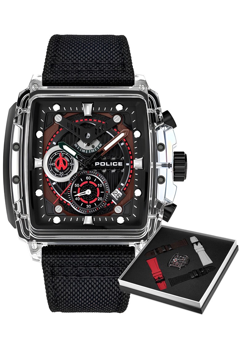 Ceas barbat mecanism quartz - 4 curele interschimbabile - negru