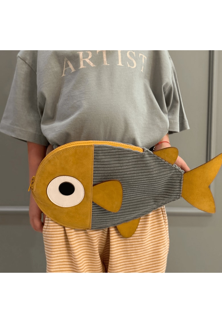 Borseta din piele naturala - Finny - Gri Lichen / Galben