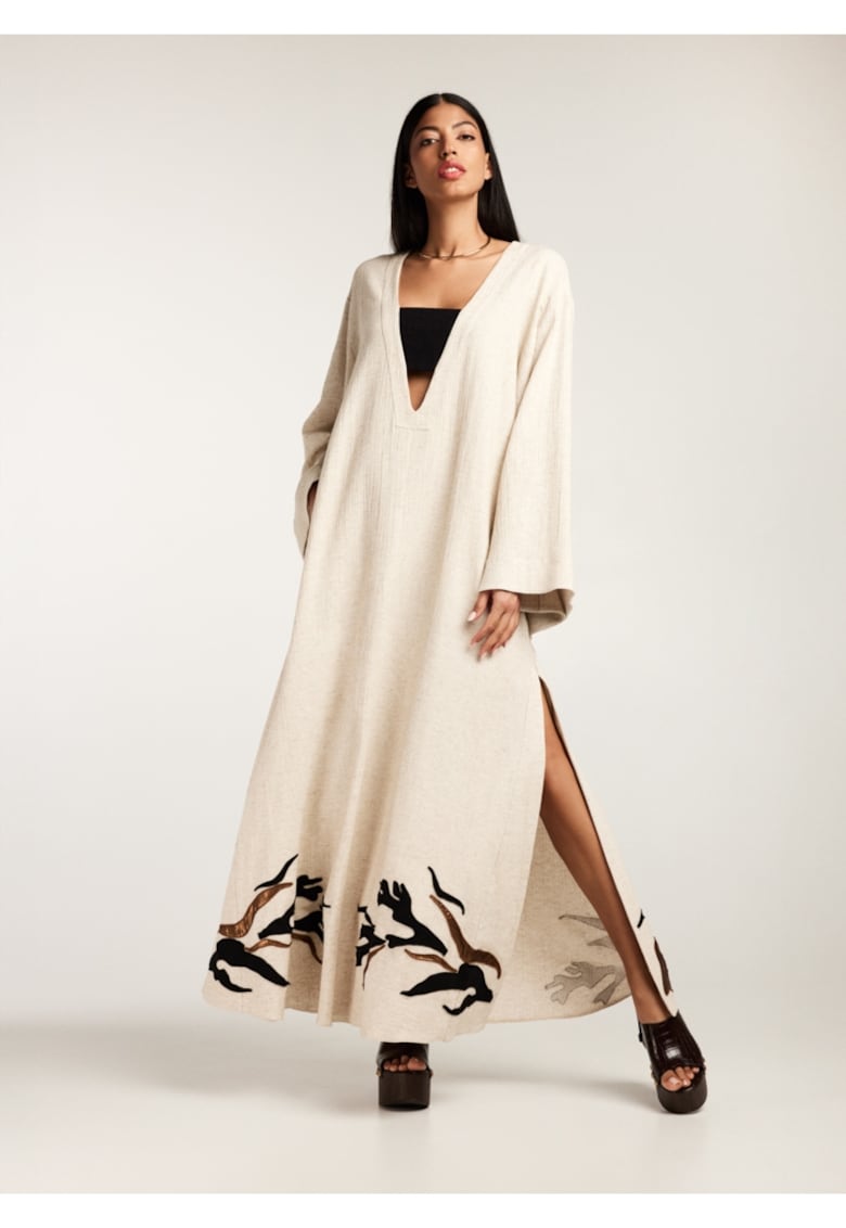 Rochie lunga din in si bumbac cu broderii multicolore Sahara - Crem