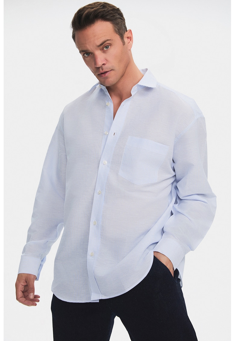 Camasa din amestec de in - Albastru pastel/Alb optic