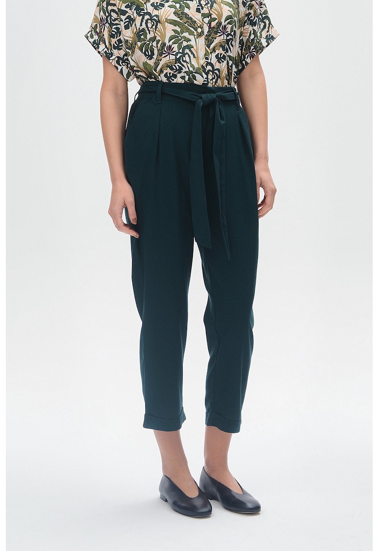 Pantaloni crop din amestec de in cu cordon in talie