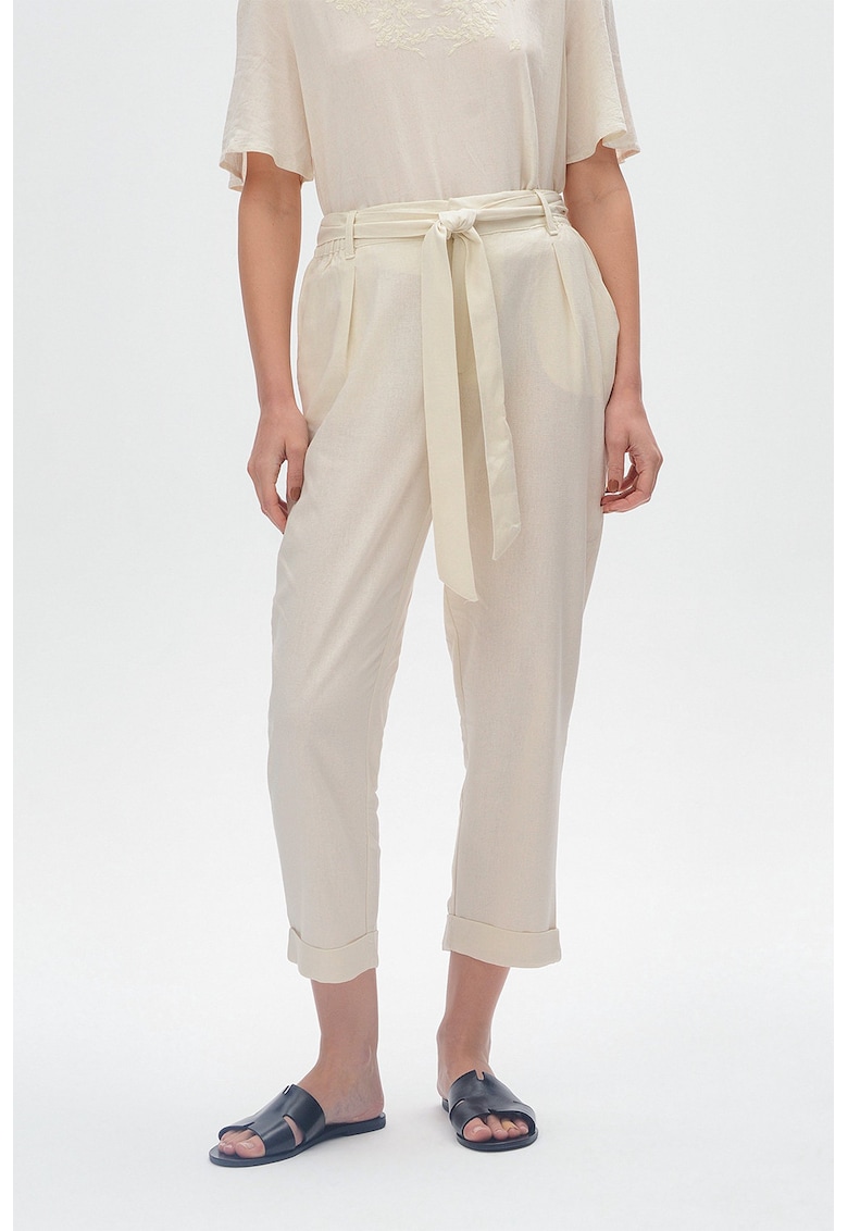 Pantaloni crop din amestec de in cu cordon in talie