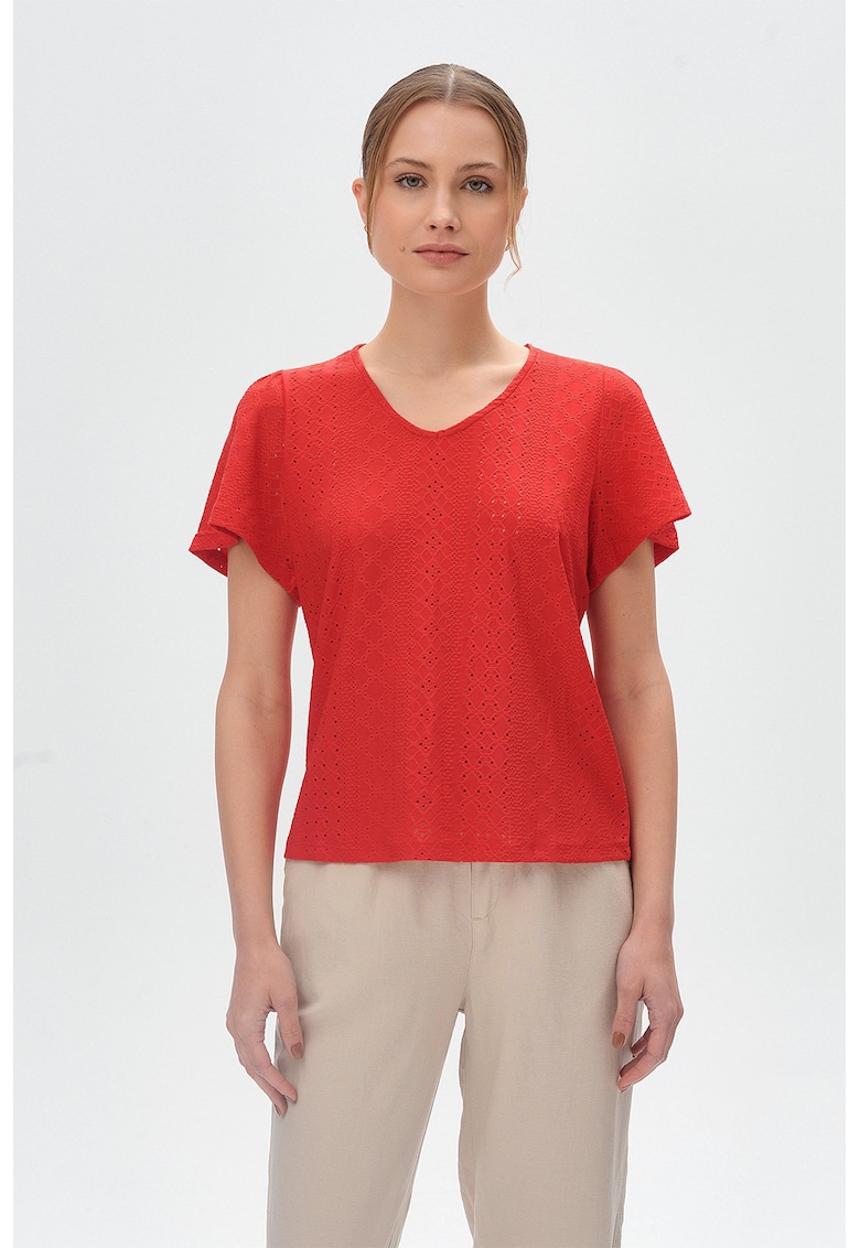 Tricou cu decolteu in V si design de dantela Sangallo
